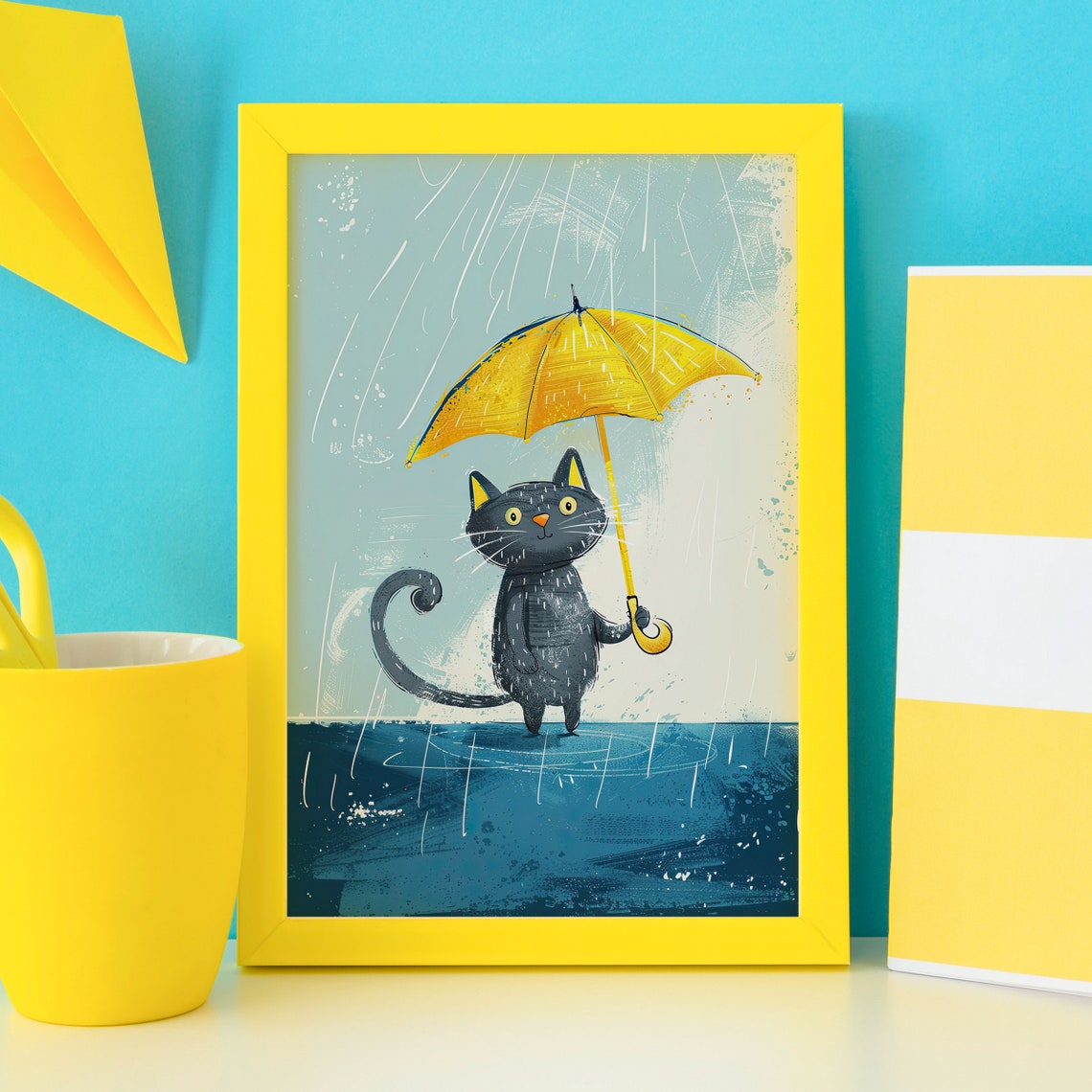 Black Cat Holding a Yellow Umbrella in the Rain Illustration Poster