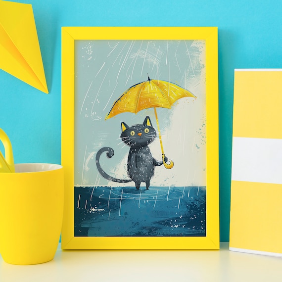 Black Cat Holding a Yellow Umbrella in the Rain Illustration Poster