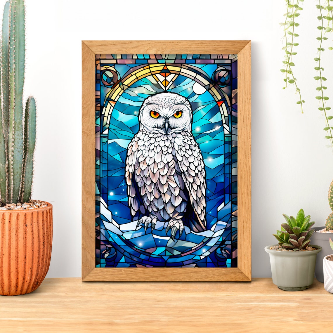 Stained Glass Snowy Owl Blue Night Gothic Window Bird Art Poster