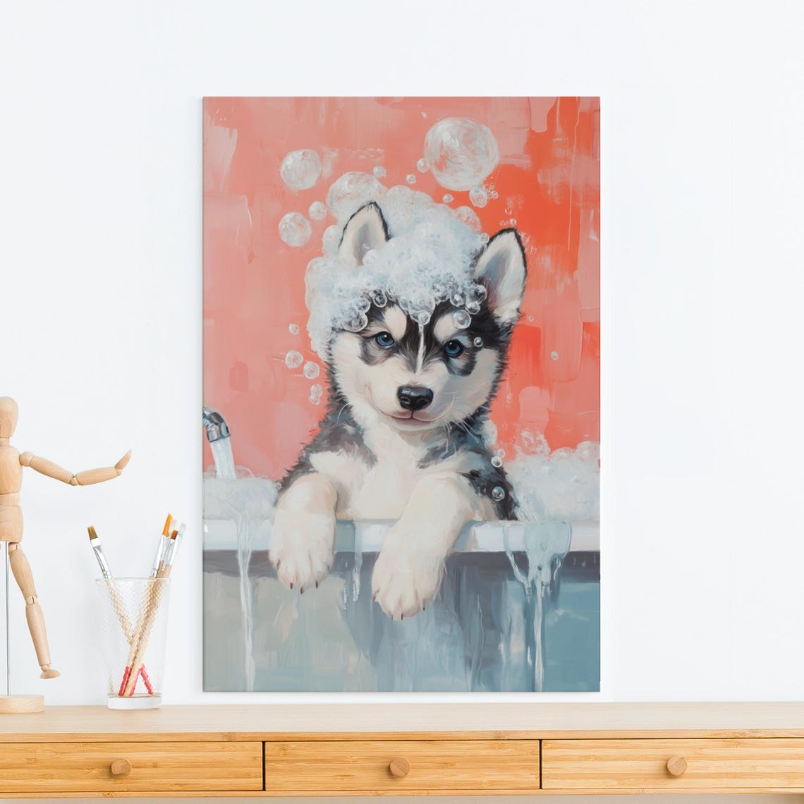 Husky Puppy in a Bubble Bath Against a Warm Coral Backdrop Poster