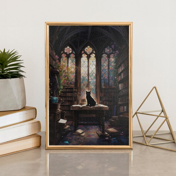 Library Reading Cat, Black Cat Wall Art Print