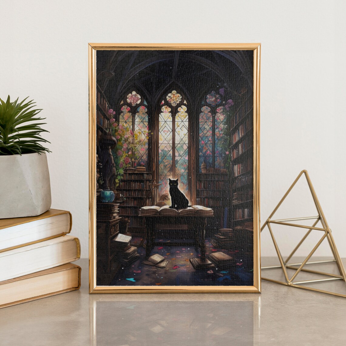 Library Reading Cat, Black Cat Wall Art Print