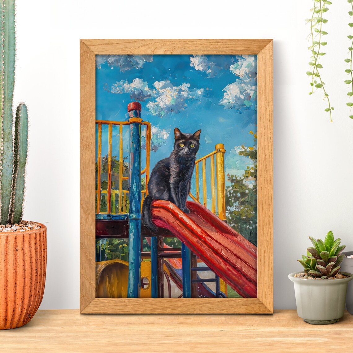 Black Cat Sitting at the Top of a Red Playground Slide Poster