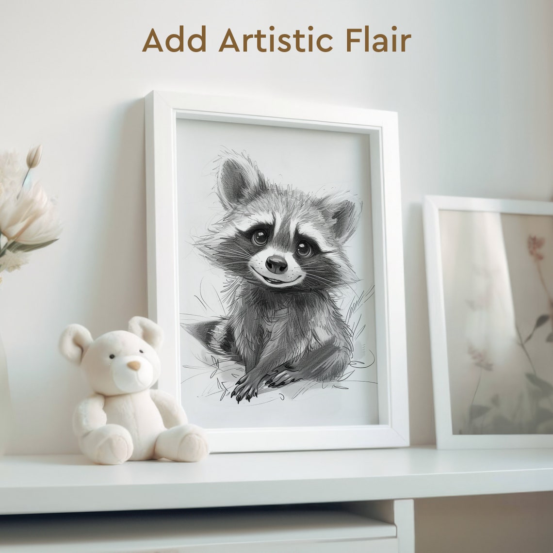 Smiling Raccoon Black and White Pencil Sketch Drawing Poster - Image 2