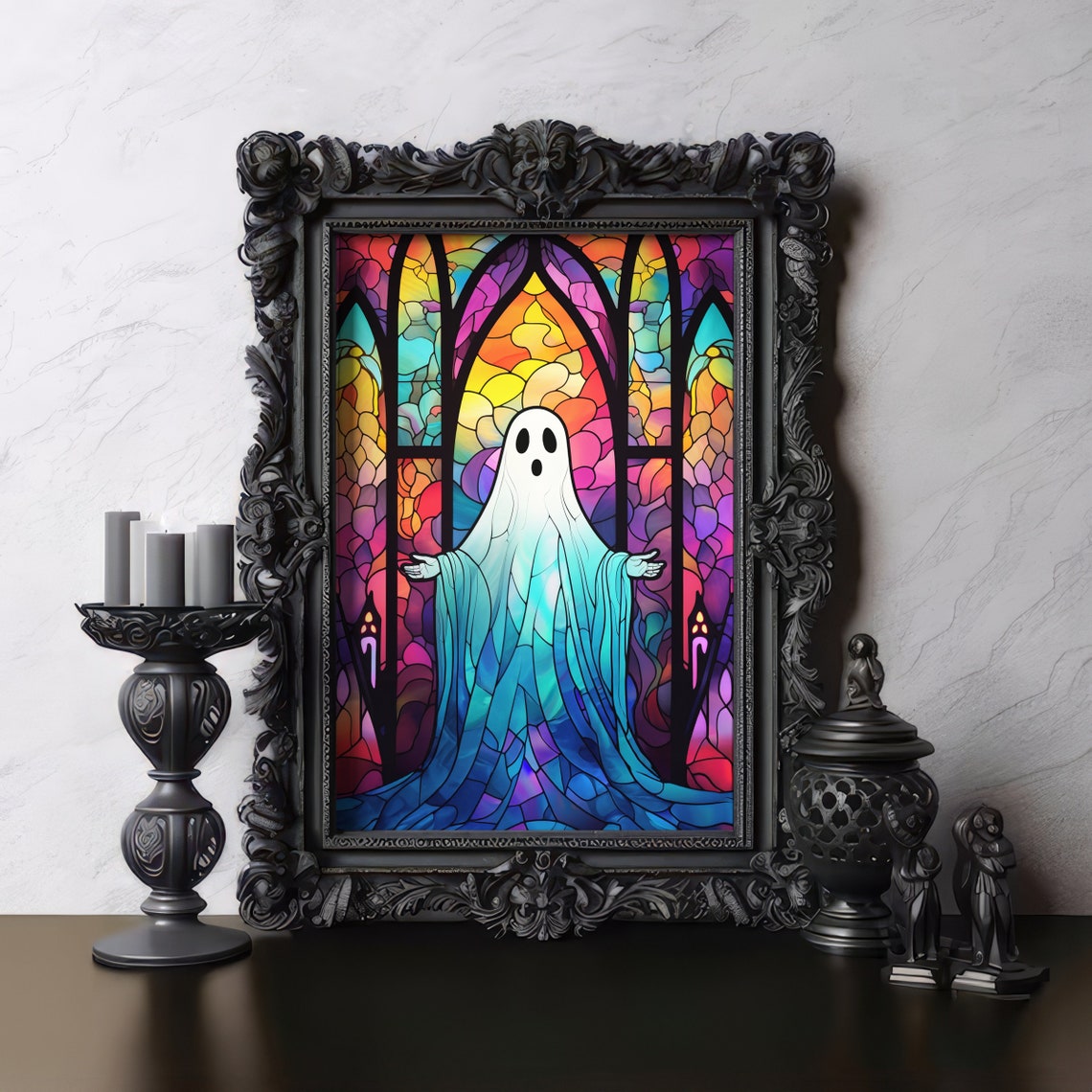 Haunting Ghost Silhouette in a Stained Glass Cathedral Window Poster
