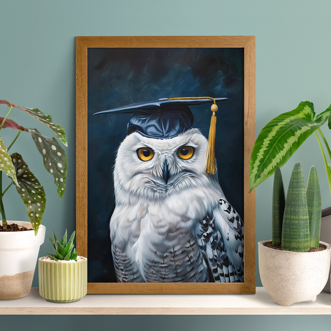 Proud Snowy Owl Wearing Graduation Cap Whimsical Portrait Poster