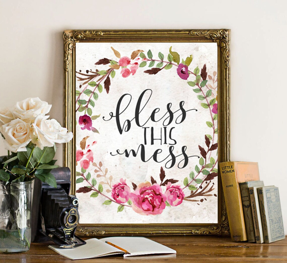 Bless This Mess Pink Floral Home Office Art Print