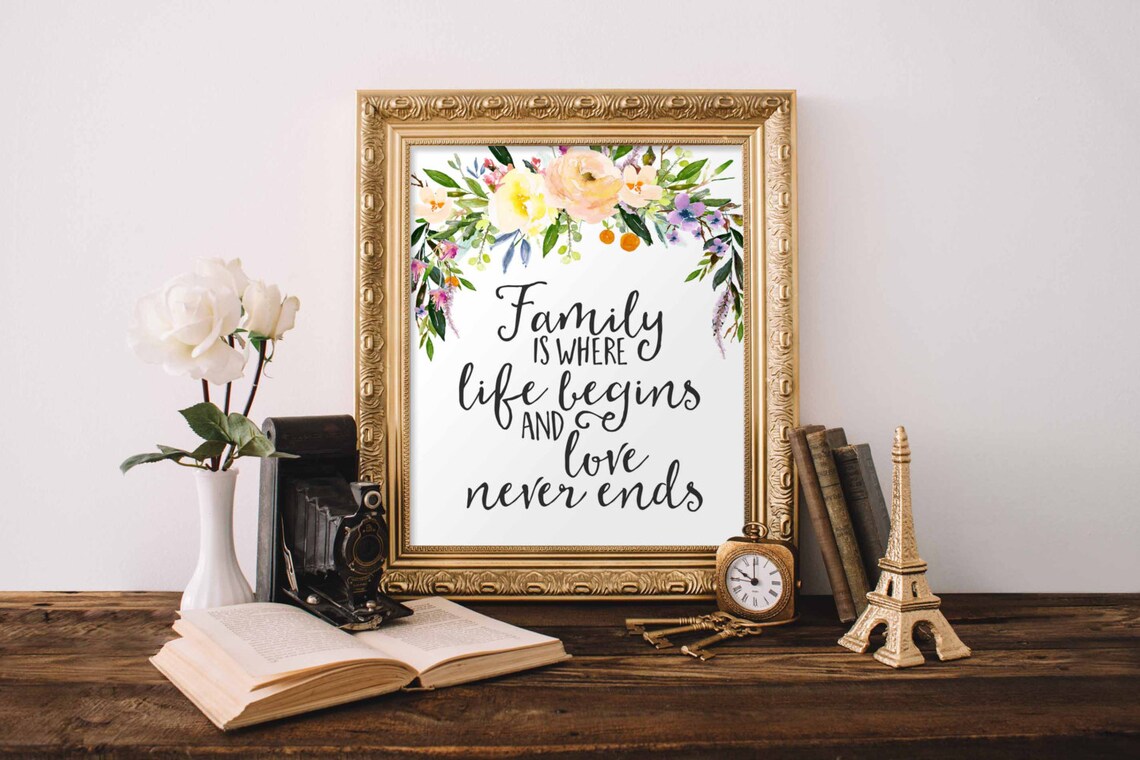 Family Quote Floral Art Print, Botanical Decor