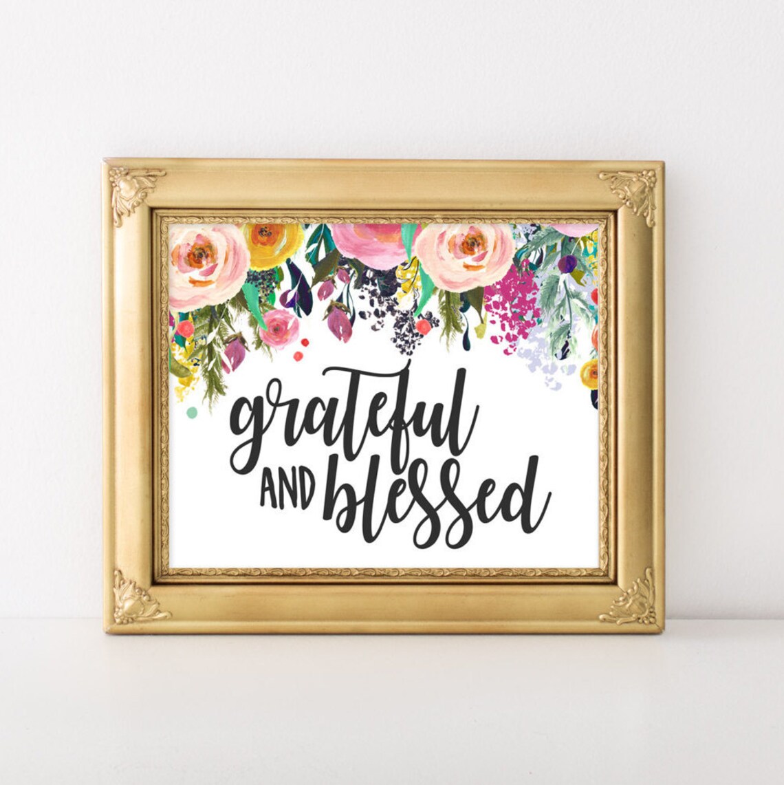 Grateful And Blessed Rustic Floral Art Print