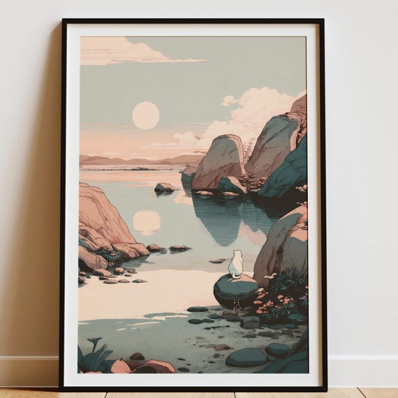 Japandi Cat By Lake Minimalist Scandinavian Japanese Style Wall Art Zen Landscape Poster