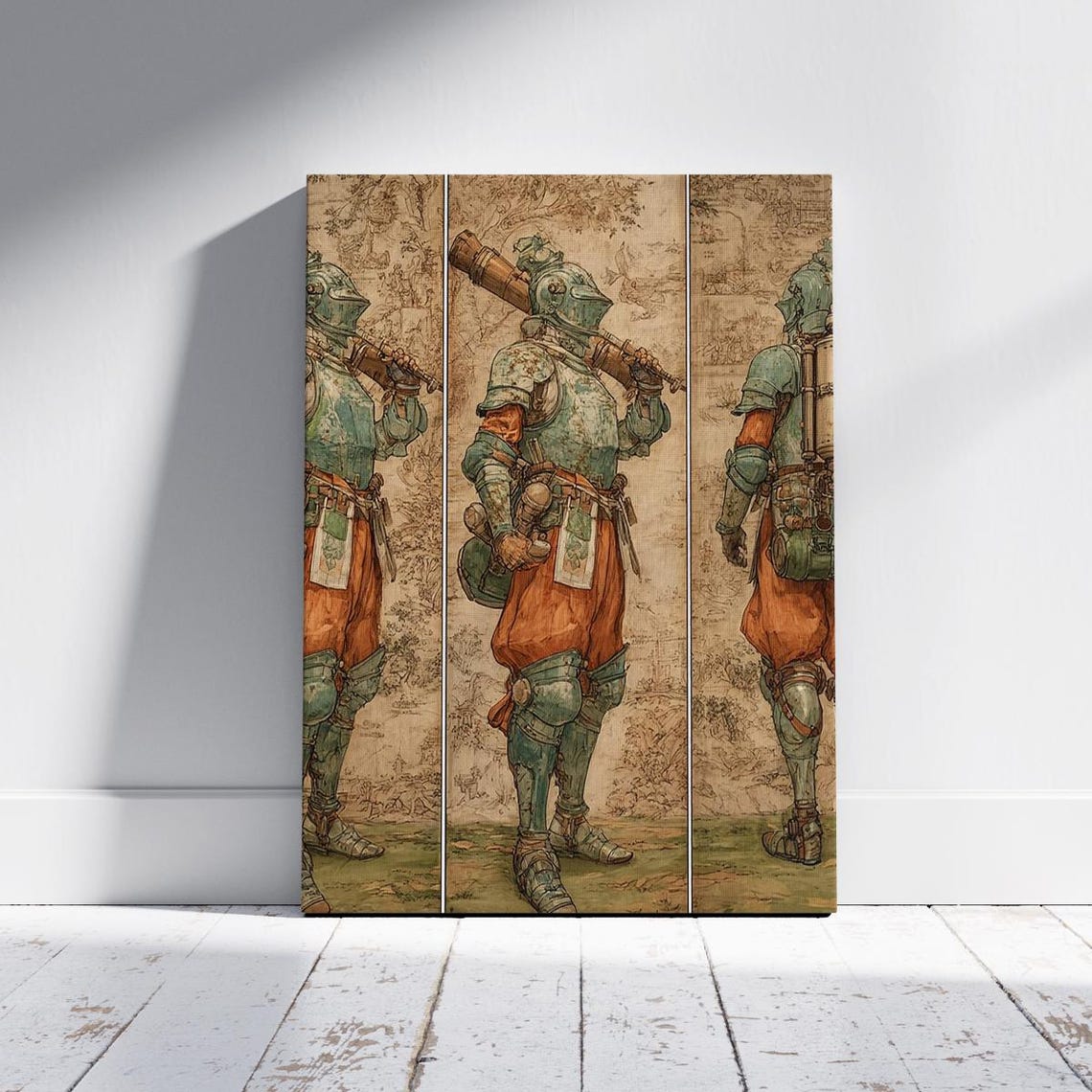 Steampunk Knight In Green Armor Rifle Triptych Warrior Art Poster