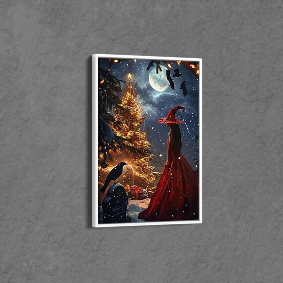 Enchanted Christmas Witch Red Dress Raven Moonlight Winter Art Poster