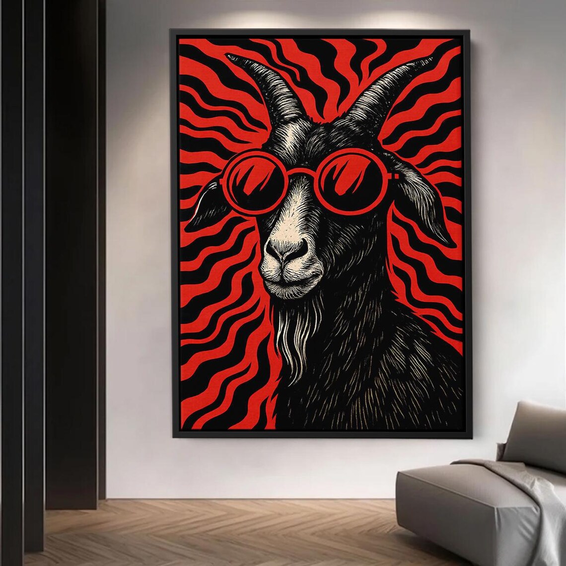 Cool Goat In Red Sunglasses Retro Engraving Style Pop Animal Art Poster