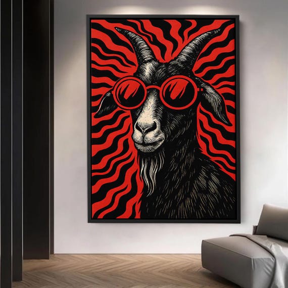 Red Sunglasses Goat Illustration Modern Pop Art Animal Artwork Abstract Wall Decor Canvas Print