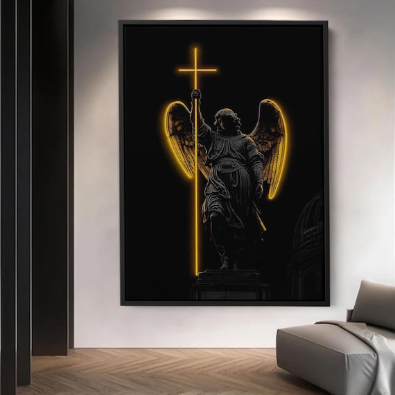 Angel Statue Glowing Gold Cross Black Background Faith Art Poster