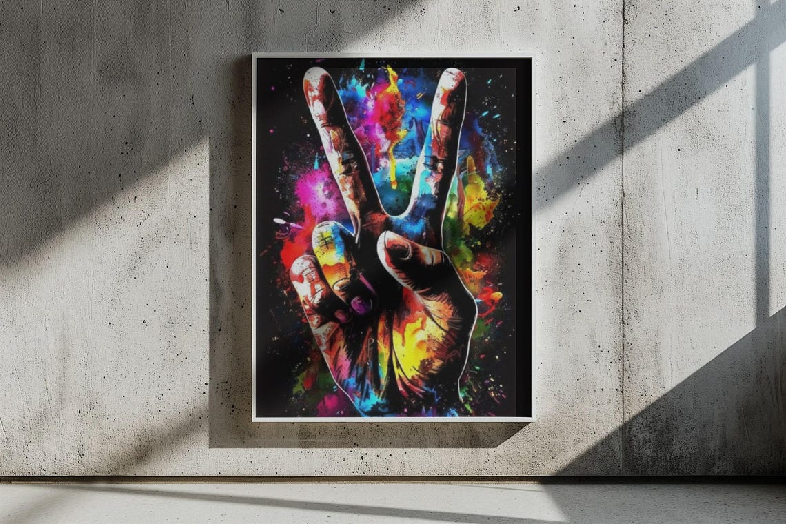 Colorful Painted Hand Peace Sign on Black Background Pop Art Poster