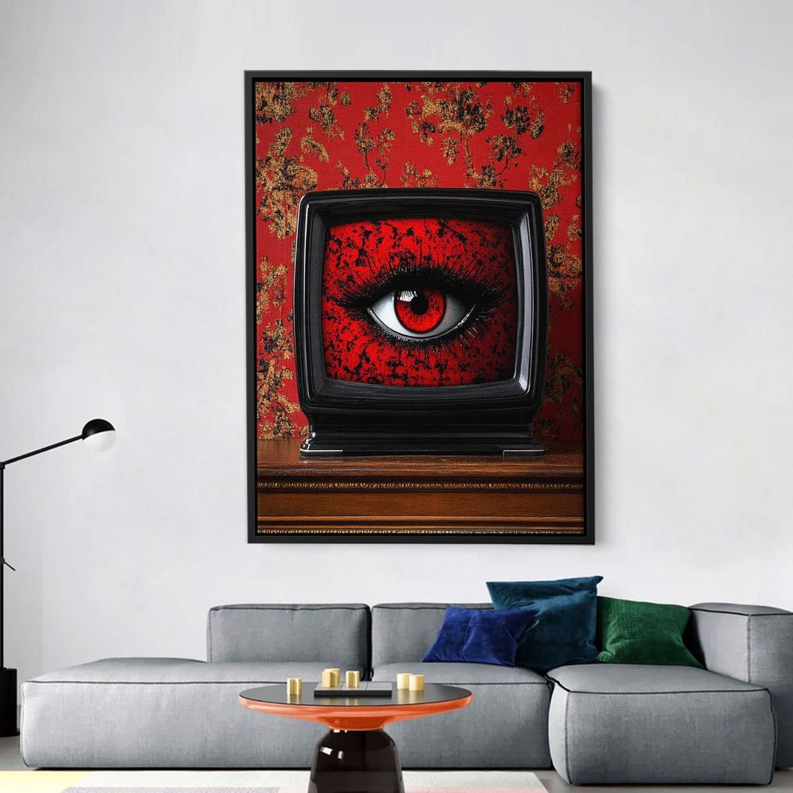 Surreal Eye Canvas Art Red Black Retro Tv With A Mysterious Dystopian And Gothic Wall Decor Unique Modern Artwork For Home