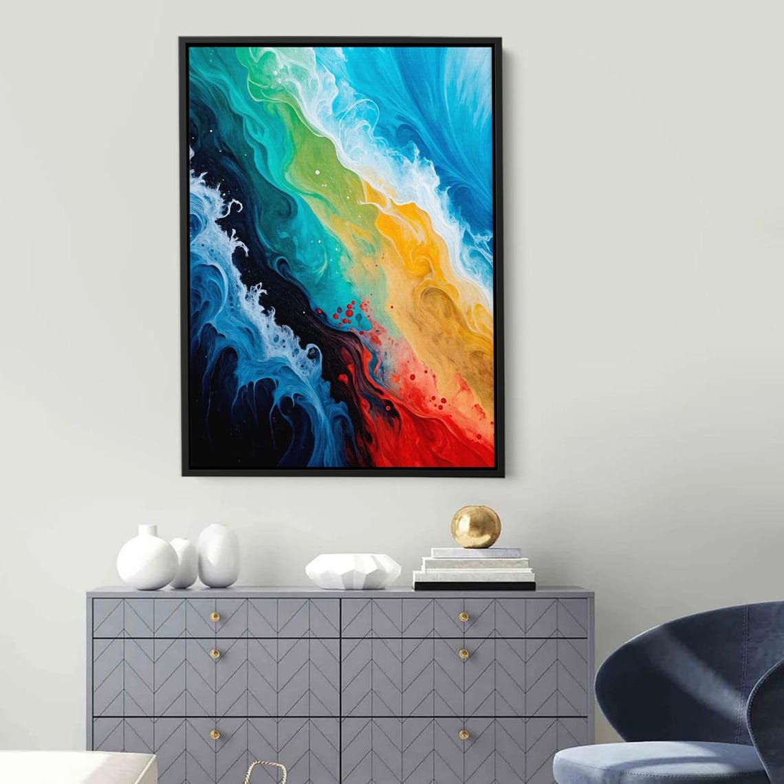 Color Explosion Abstract Fluid Acrylic Swirl Waves Blue Gold Poster