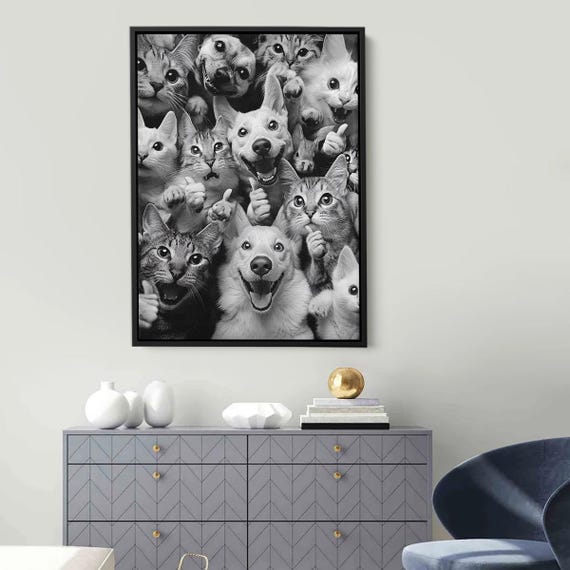 Happy Cats and Dogs Black White Smiling Faces Funny Photo Poster