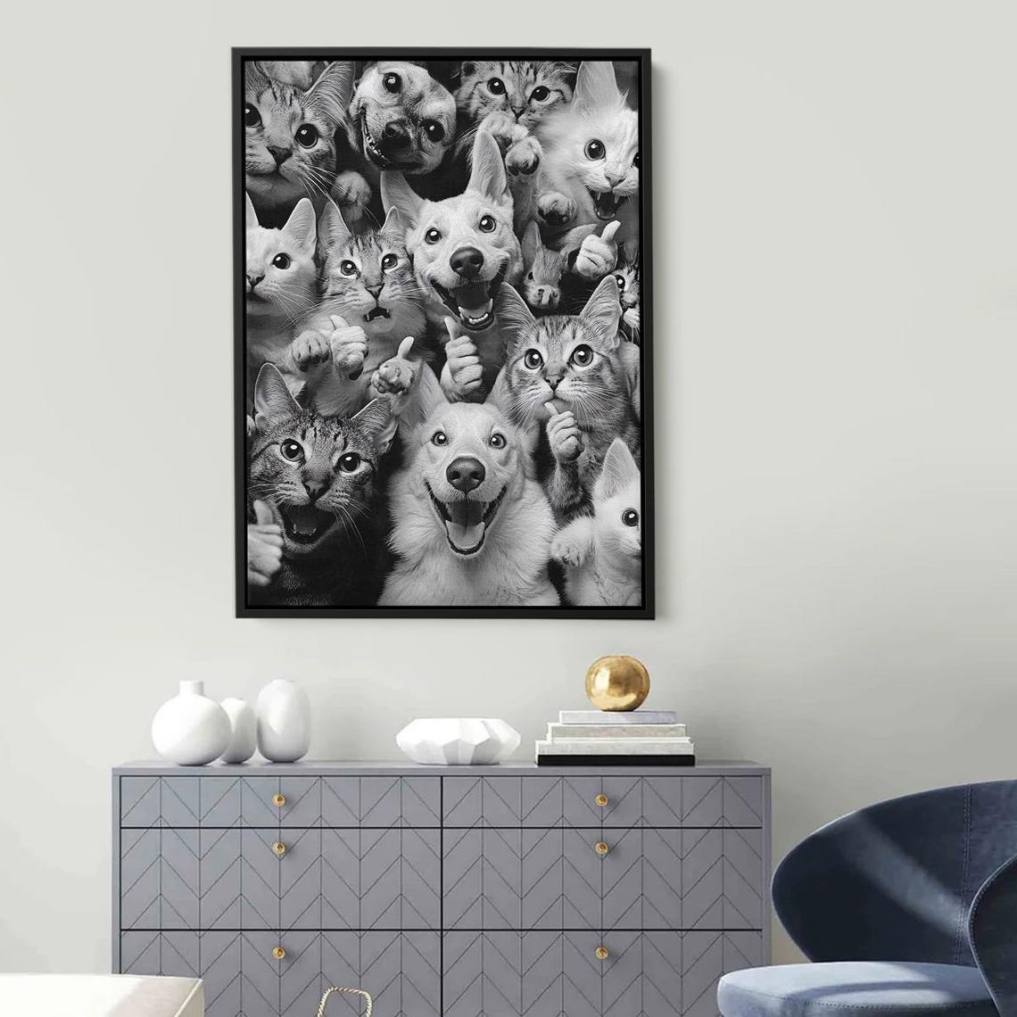Happy Cats and Dogs Black White Smiling Faces Funny Photo Poster