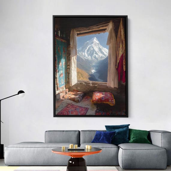 Mountain View Window Scene Himalayan Interior Poster Cozy Rustic Cabin Wall Art Boho Ethnic Carpet Decor Print