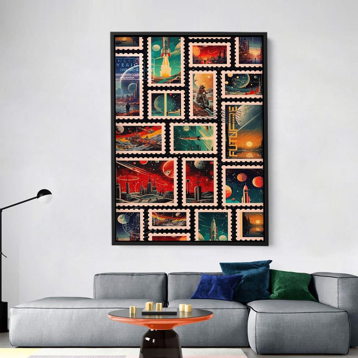 Retro Sci Fi Space Adventure Vintage Postage Stamp Collage Poster