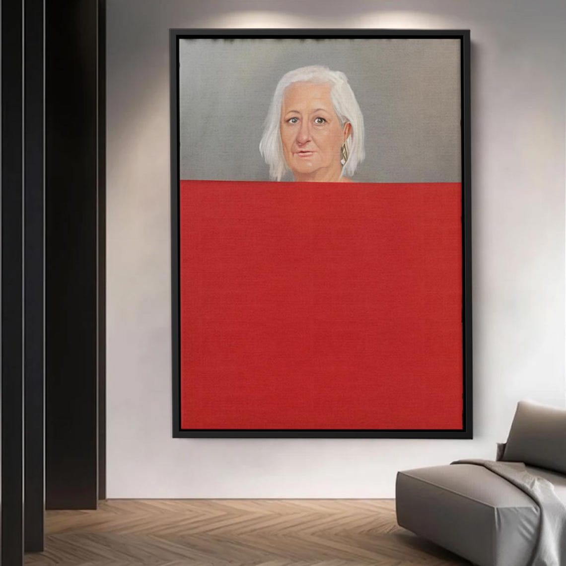 Classic Female Portrait Peeking Over Bold Red Block Minimal Poster