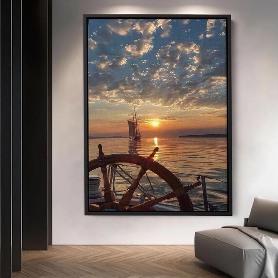 Sailboat Sunset Ocean Scene Wooden Steering Wheel Nautical Poster