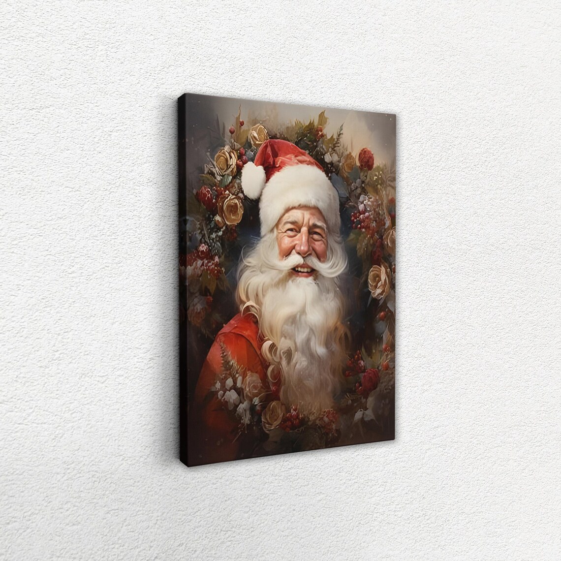 Smiling Santa Claus Floral Garland Classic Christmas Portrait Poster