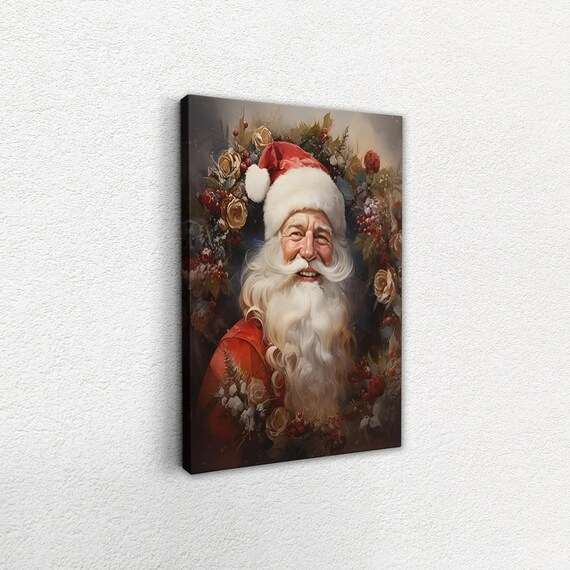 Smiling Santa Claus Floral Garland Classic Christmas Portrait Poster