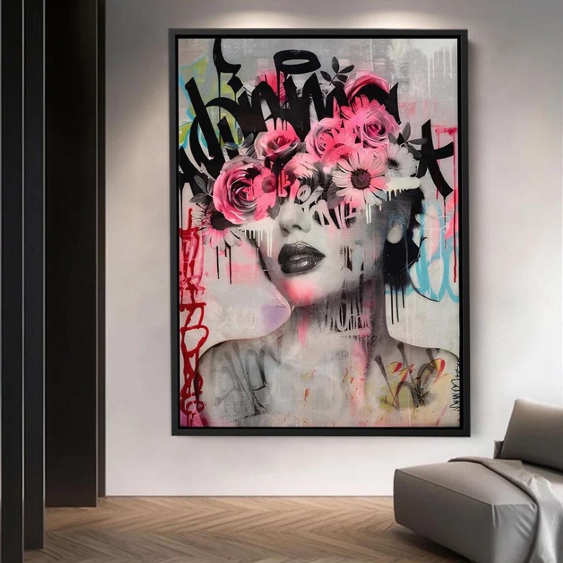 Graffiti Woman Portrait Wall Art Pink Flowers Urban Street Print Bold Feminine Canvas For Modern Living Room Or Bedroom Decor