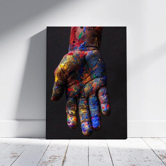 Paint Covered Artists Hand Bold Colors Black Background Poster