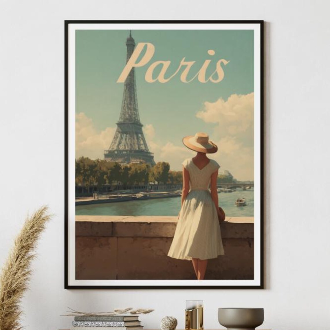 Paris France Eiffel Tower Vintage Travel Poster Woman On Bridge