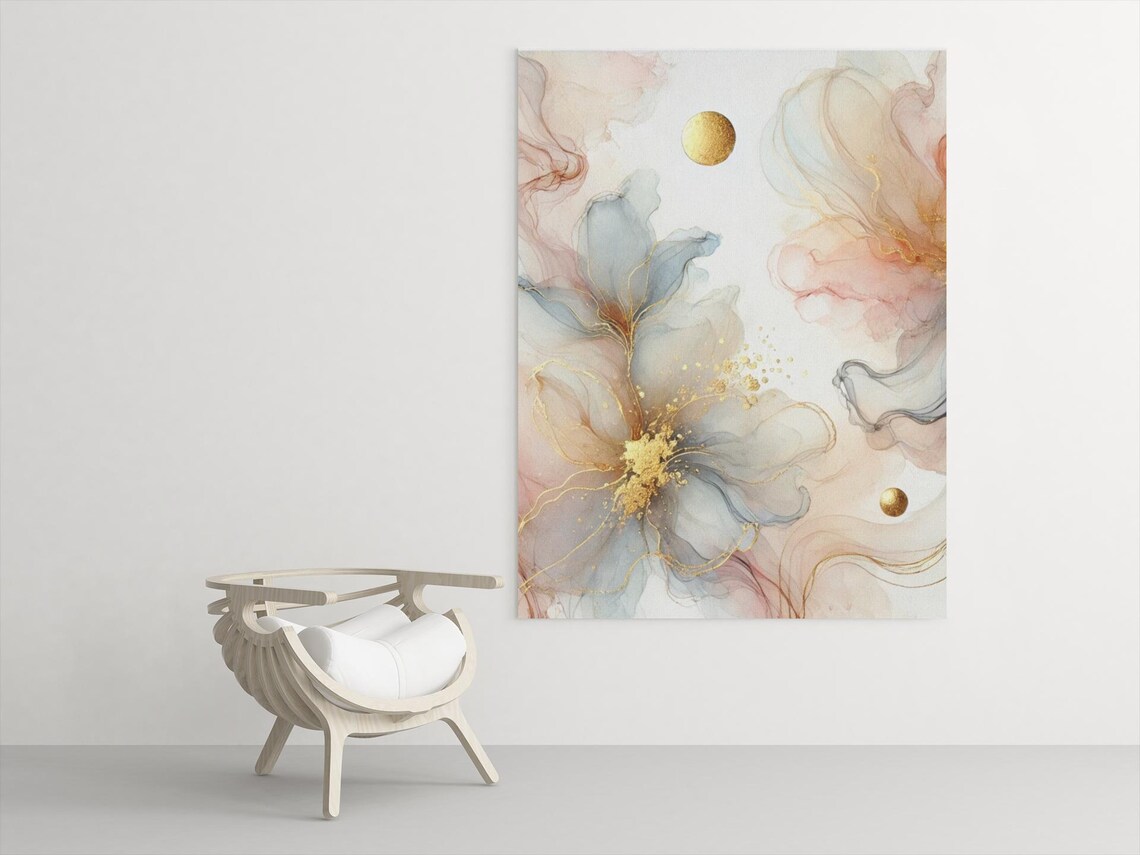 Floral Abstract Watercolor Flower Print, Gold Accent - Image 3