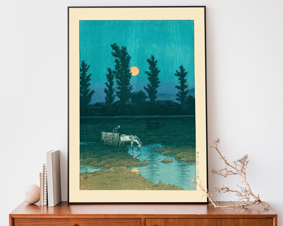 Japanese Moonlit River Cart Night Woodblock Style Vintage Poster