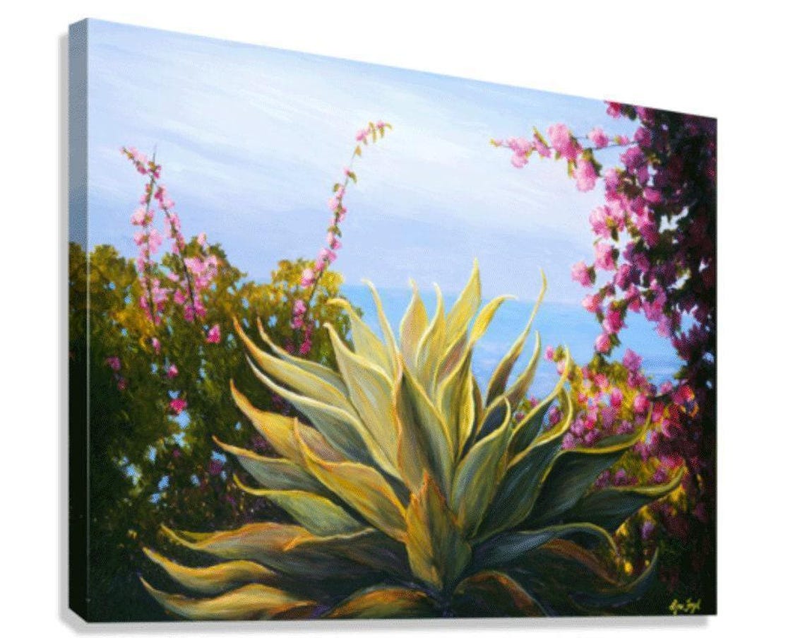 Blue Agave Succulent Pink Bougainvillea Ocean View Painting Poster - Image 2