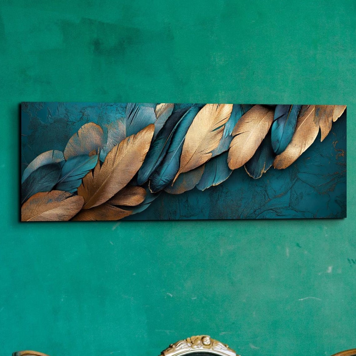 Golden Bronze Feathers On Teal Elegant Panoramic Nature Art Poster