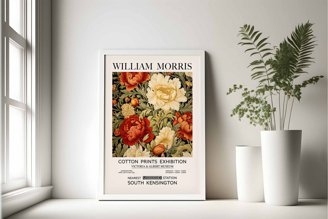 William Morris Red Peony Floral Cotton Prints Exhibition Poster