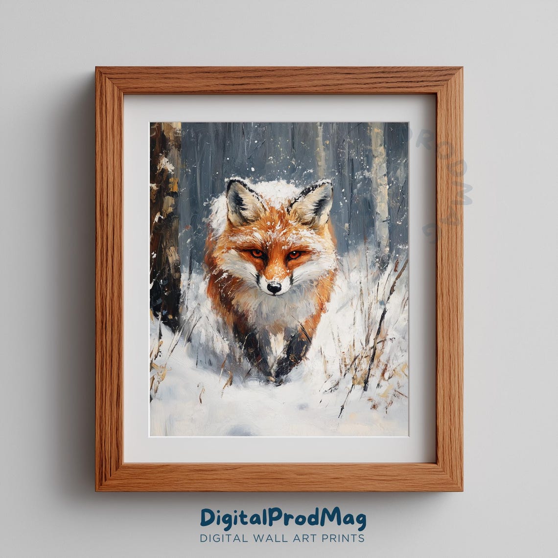 Red Fox In Snow Moody Winter Forest Wildlife Painting Poster