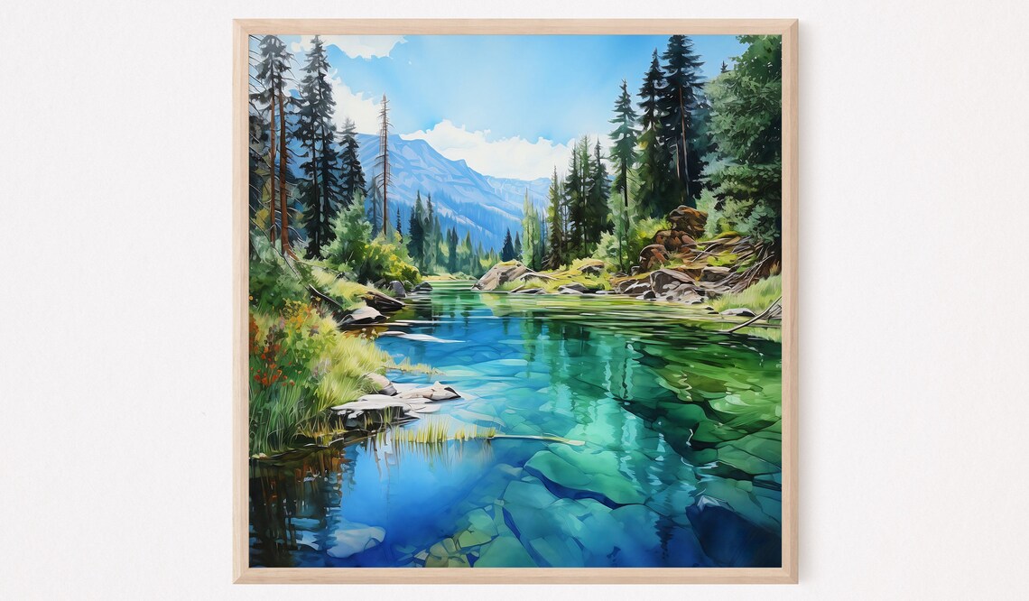 Mountain Lake Watercolor Art Print, Landscape