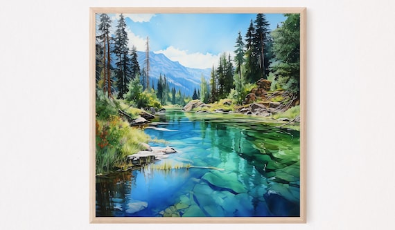 Mountain Lake Watercolor Art Print, Landscape