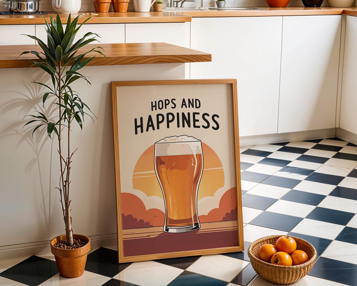 Hops and Happiness Sunset Beer Glass Retro Kitchen Decor Poster