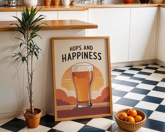 Hops And Happiness Beer Print Nature Bar Art Craft Brew Poster