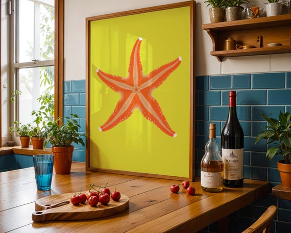 Bold Orange Starfish Art Print Yellow Background Modern Coastal Wall Decor
