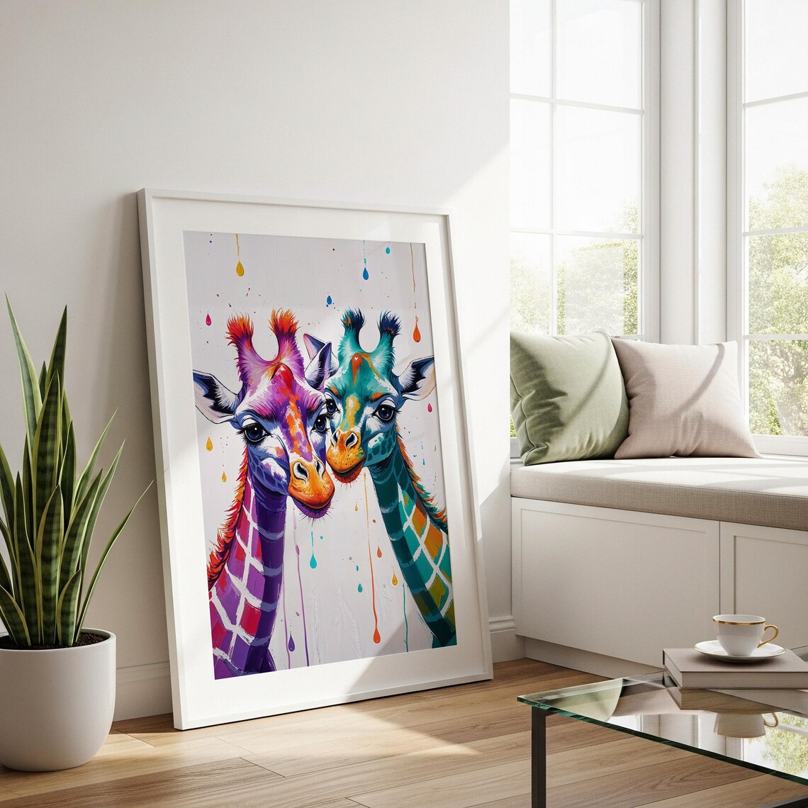 Colourful Giraffe Art Print Dripping Paint Style Quirky Animal Wall Decor