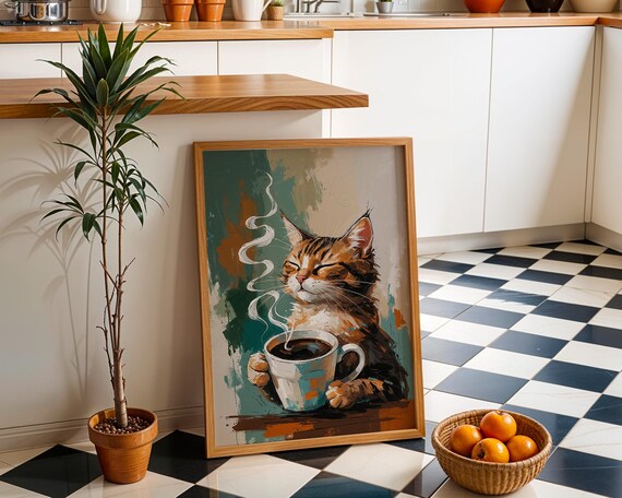 Smiling Happy Cat Holding Coffee Cup Cute Cozy Kitchen Poster