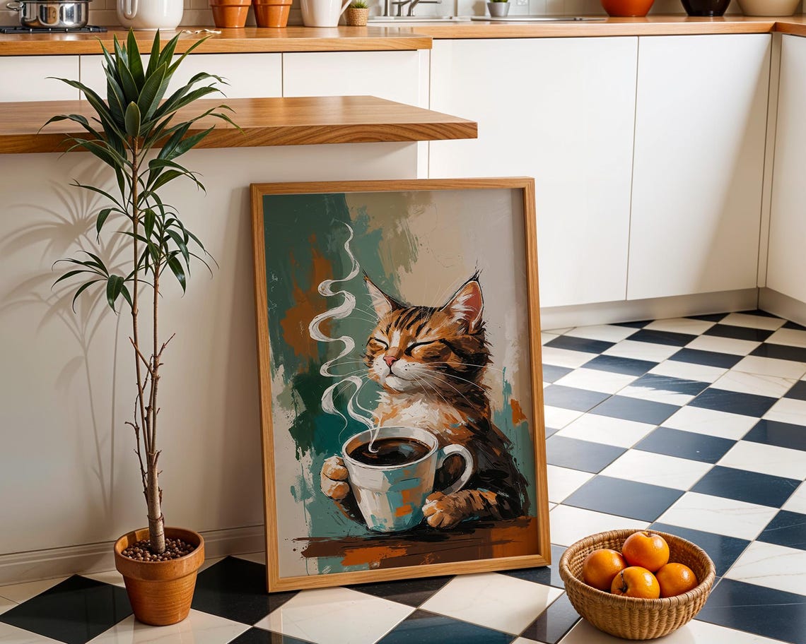 Smiling Happy Cat Holding Coffee Cup Cute Cozy Kitchen Poster