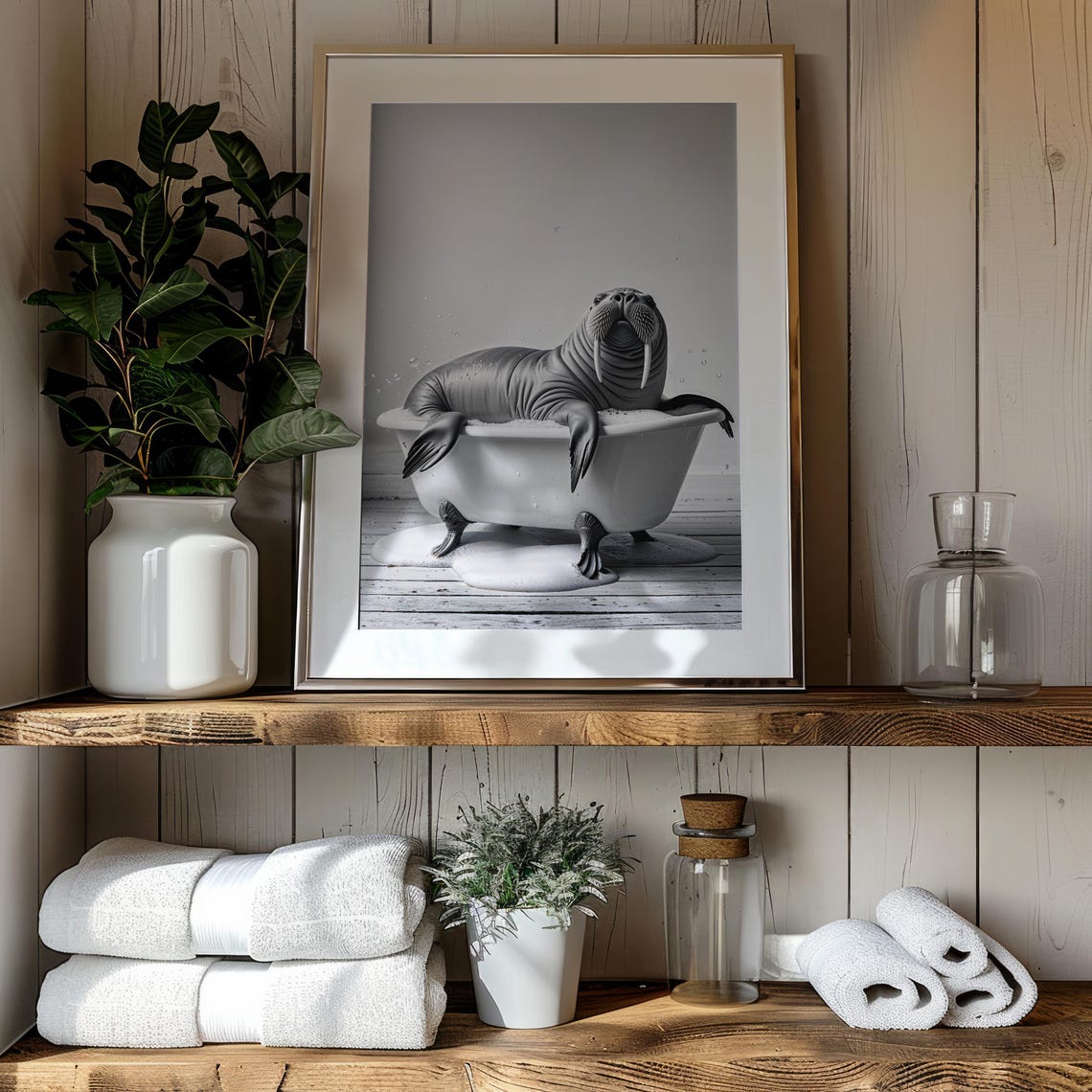 Walrus Relaxing in a Clawfoot Bathtub Funny Black White Poster