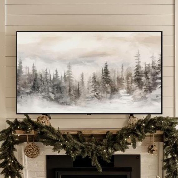 Soft Watercolor Snowy Pine Forest Misty Neutral Frame TV Art Print