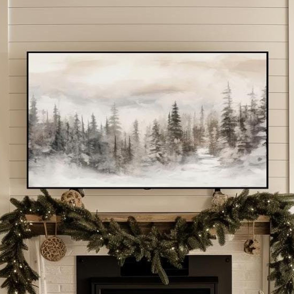 Soft Watercolor Snowy Pine Forest Misty Neutral Frame TV Art Print